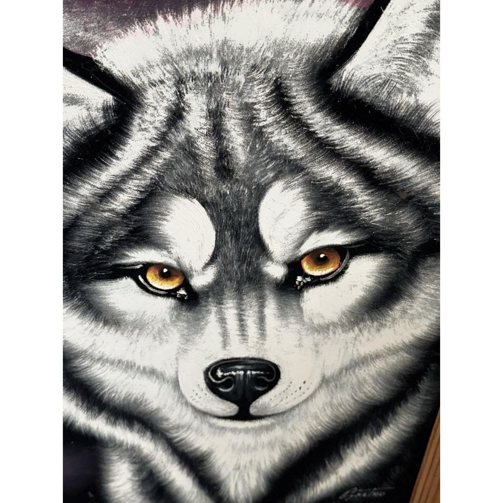 Vintage Oil Painting on Velvet Wolf Mexican Folk Art Velvet Artwork SIGNED 25x19 - Picture 5 of 10